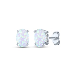 Oval-Cut Lab-Created Opal & White Lab-Created Sapphire Stud Earrings Sterling Silver