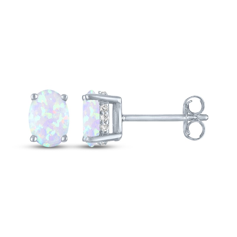 Main Image 3 of Oval-Cut Lab-Created Opal & White Lab-Created Sapphire Stud Earrings Sterling Silver