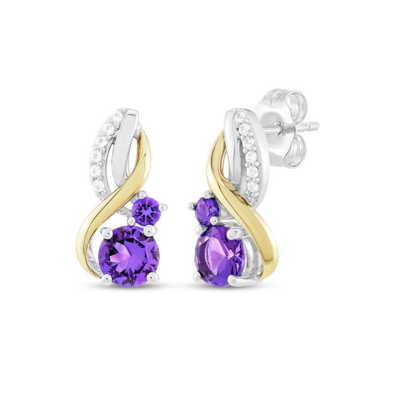 Main Image 1 of Amethyst & White Lab-Created Sapphire Earrings Sterling Silver & 10K Yellow Gold