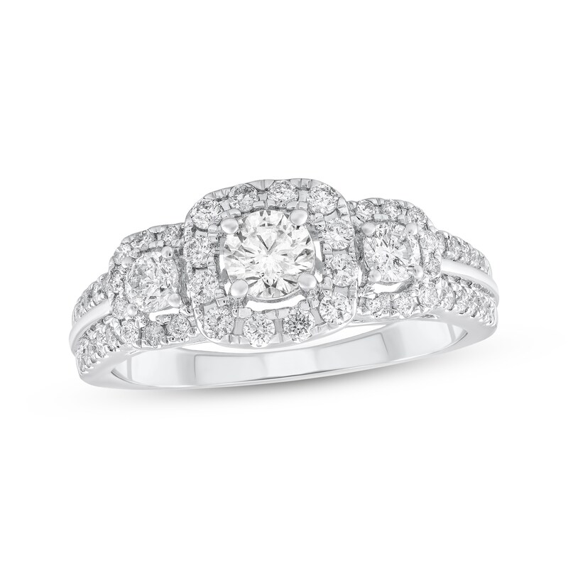 Main Image 1 of Adore Round-Cut Diamond Three-Stone Halo Engagement Ring 1 ct tw 14K White Gold