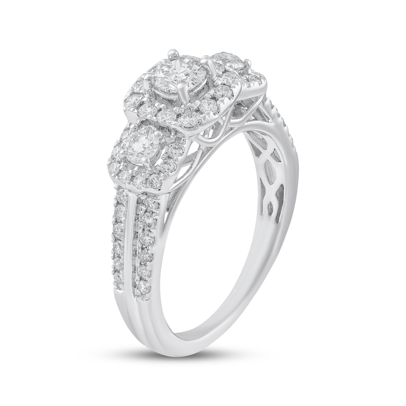 Main Image 2 of Adore Round-Cut Diamond Three-Stone Halo Engagement Ring 1 ct tw 14K White Gold