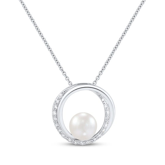 Cultured Pearl & White Lab-Created Sapphire Loop Necklace Sterling Silver 18"