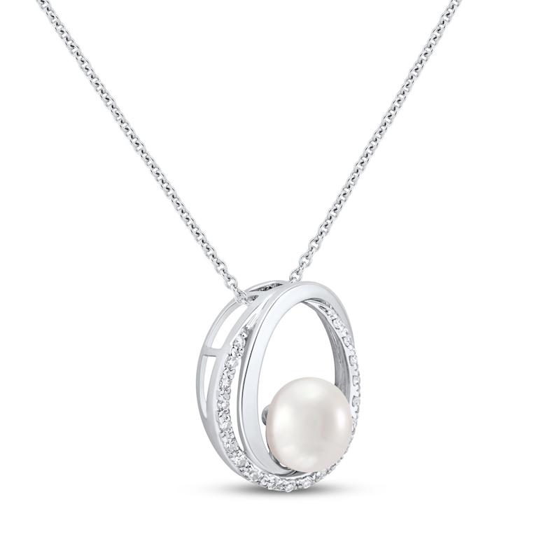 Main Image 2 of Cultured Pearl & White Lab-Created Sapphire Loop Necklace Sterling Silver 18"