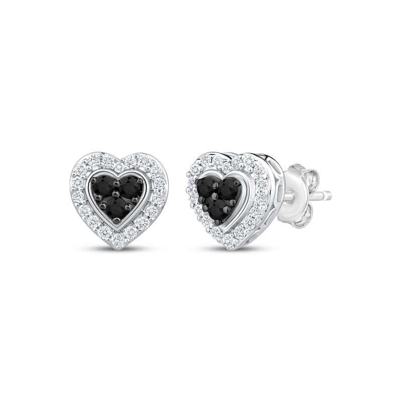Main Image 1 of Black & White Multi-Diamond Heart-Shaped Stud Earrings 1/4 ct tw Sterling Silver