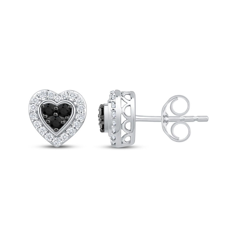 Main Image 3 of Black & White Multi-Diamond Heart-Shaped Stud Earrings 1/4 ct tw Sterling Silver