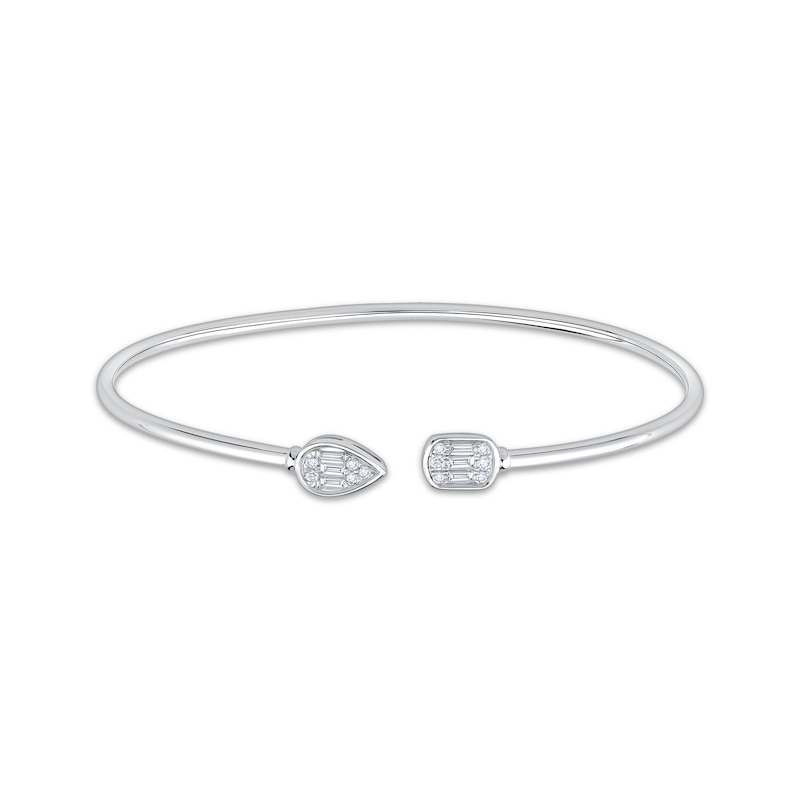 Main Image 1 of Baguette & Round-Cut Diamond Flex Cuff Bangle Bracelet 1/4 ct tw 10K White Gold
