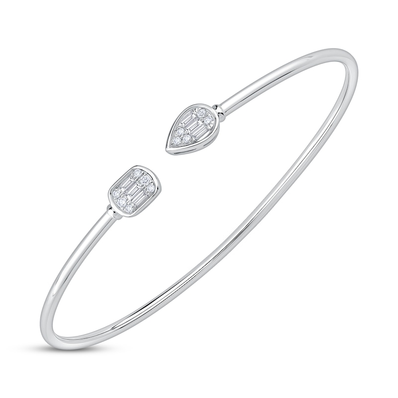Main Image 2 of Baguette & Round-Cut Diamond Flex Cuff Bangle Bracelet 1/4 ct tw 10K White Gold