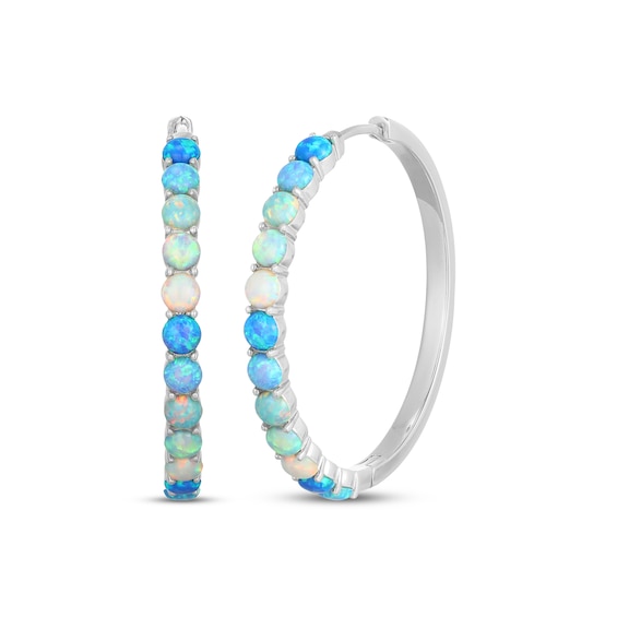 Green, Blue & White Lab-Created Opal Hoop Earrings