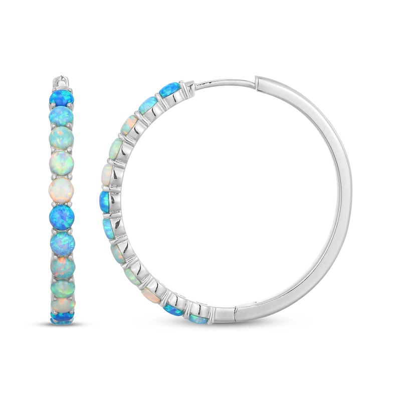 Main Image 3 of Green, Blue & White Lab-Created Opal Hoop Earrings