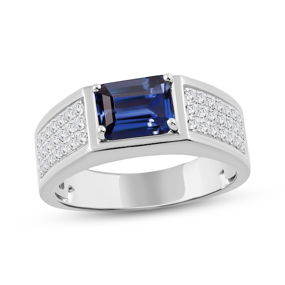 Men's Emerald-Cut Blue Lab-Created Sapphire & Diamond Ring 1/2 ct tw 10K White Gold