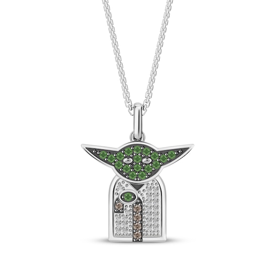 Star Wars Yoda Chrome Diopside, Brown & White Diamond Necklace 1/10 ct tw Sterling Silver 18"
