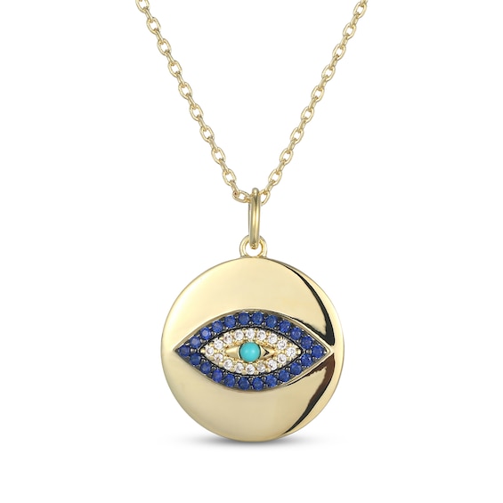 Turquoise, Blue & White Lab-Created Sapphire Evil Eye Medallion Necklace 24K Yellow Gold Vermeil Sterling Silver 18"