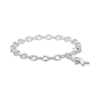 Thumbnail Image 1 of Heart-Shaped Pink Lab-Created Sapphire Ribbon Charm Bracelet Sterling Silver 7.25"