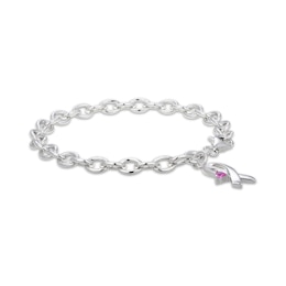Heart-Shaped Pink Lab-Created Sapphire Ribbon Charm Bracelet Sterling Silver 7.25"