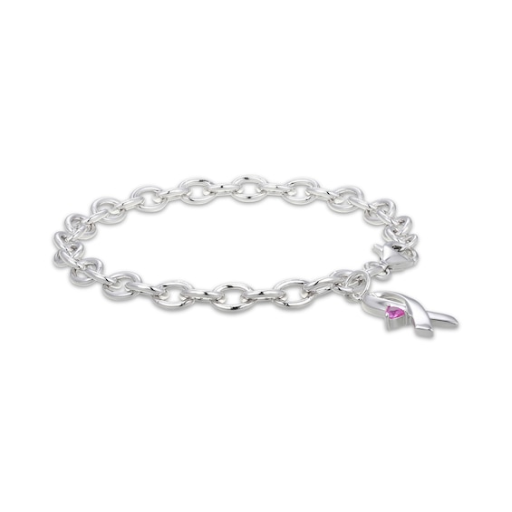 Heart-Shaped Pink Lab-Created Sapphire Ribbon Charm Bracelet Sterling Silver 7.25"