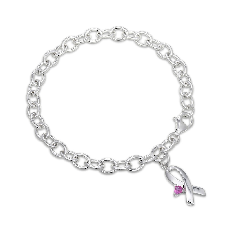 Main Image 2 of Heart-Shaped Pink Lab-Created Sapphire Ribbon Charm Bracelet Sterling Silver 7.25"