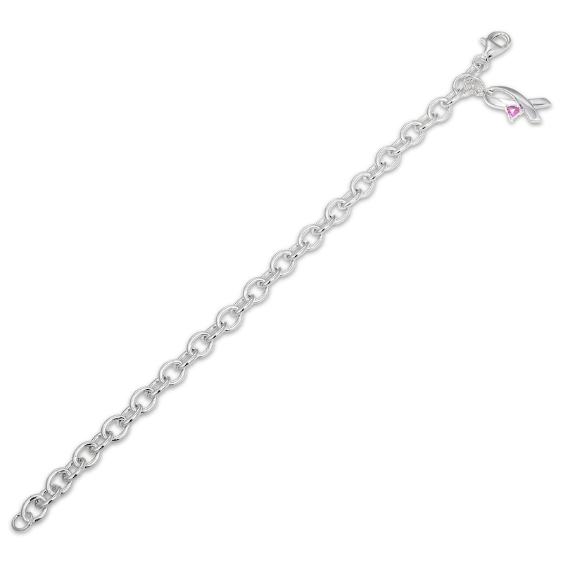 Main Image 3 of Heart-Shaped Pink Lab-Created Sapphire Ribbon Charm Bracelet Sterling Silver 7.25"