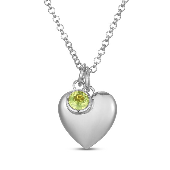 Peridot & Puff Heart Charm Toggle Necklace Sterling Silver 18"