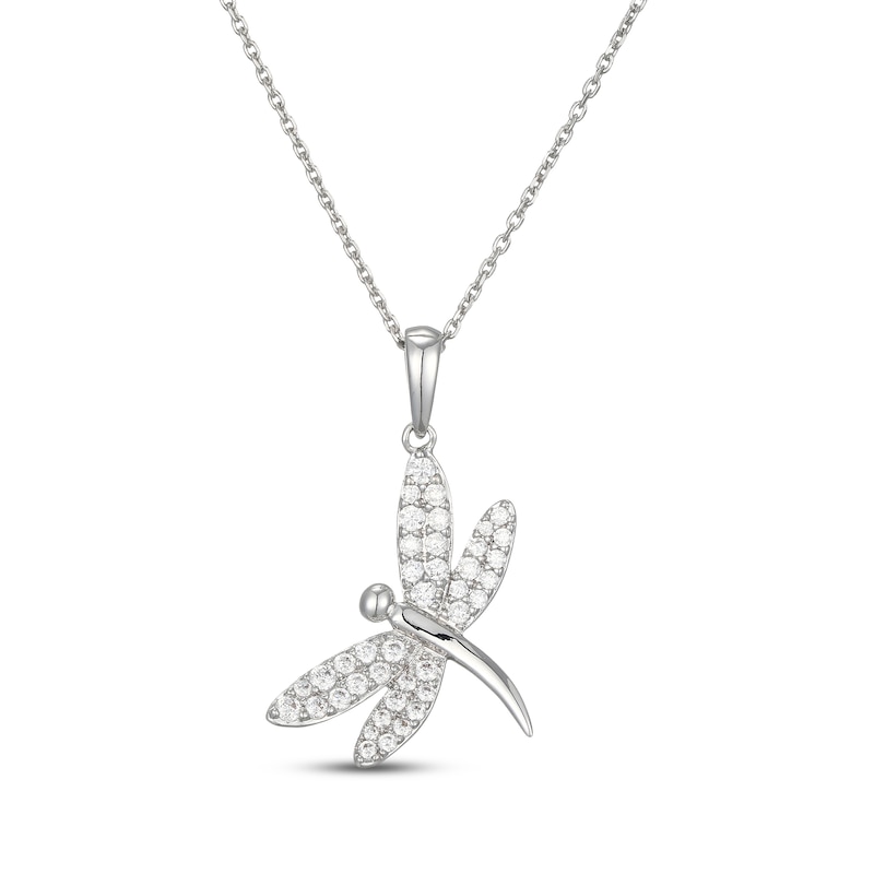 Main Image 1 of White Lab-Created Sapphire Tilted Dragonfly Necklace Sterling Silver 18"