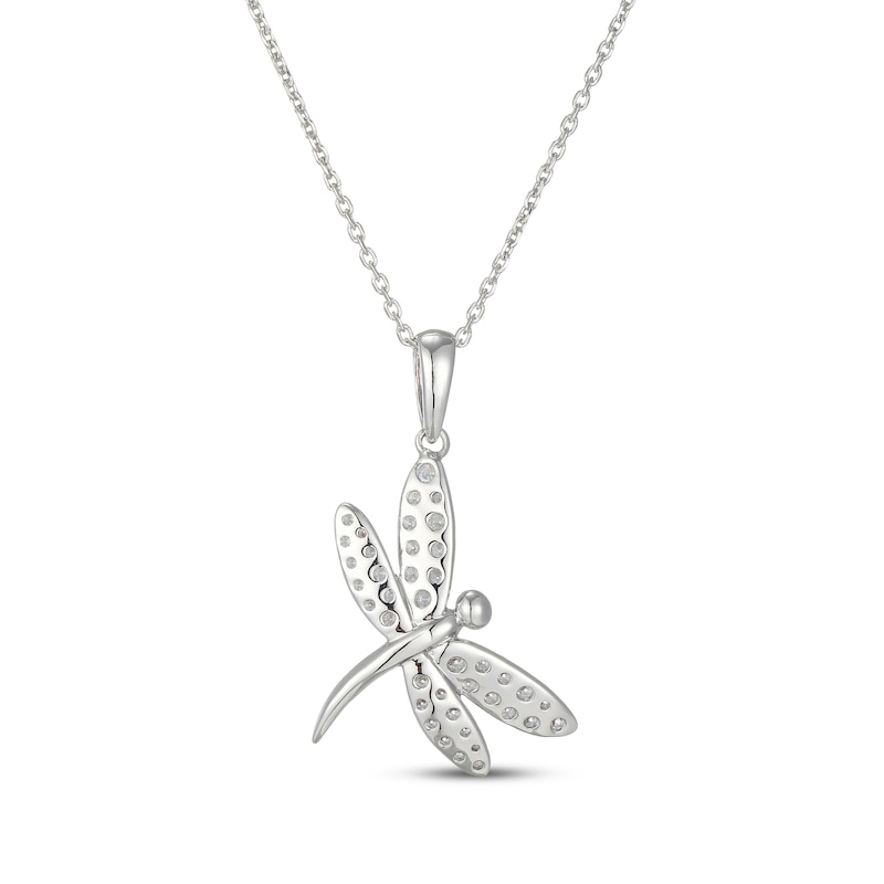 Main Image 3 of White Lab-Created Sapphire Tilted Dragonfly Necklace Sterling Silver 18"