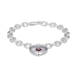 Heart-Shaped Lab-Created Ruby Bezel-Set Charm Bracelet Sterling Silver 7.25"