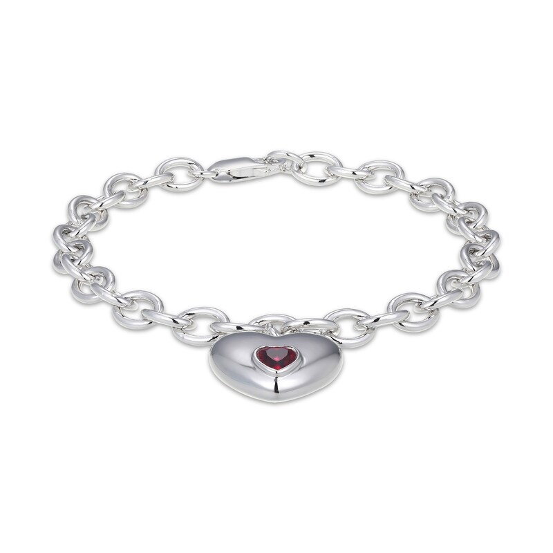 Main Image 1 of Heart-Shaped Lab-Created Ruby Bezel-Set Charm Bracelet Sterling Silver 7.25"