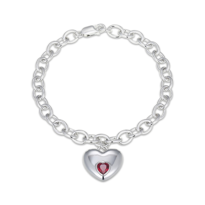 Main Image 2 of Heart-Shaped Lab-Created Ruby Bezel-Set Charm Bracelet Sterling Silver 7.25"