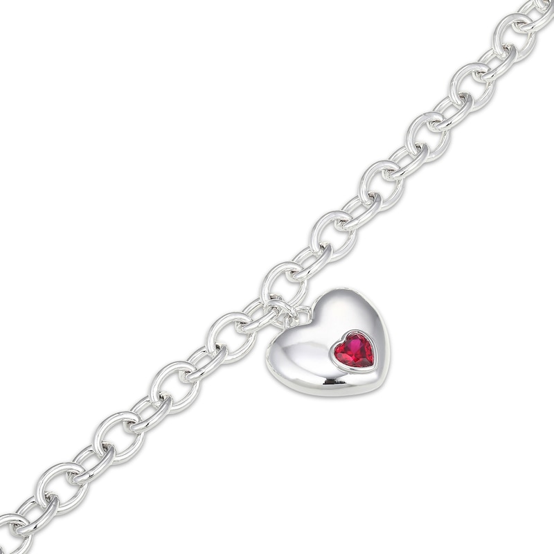 Main Image 3 of Heart-Shaped Lab-Created Ruby Bezel-Set Charm Bracelet Sterling Silver 7.25"