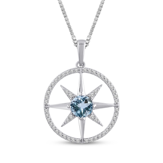 Aquamarine & White Lab-Created Sapphire Star Circle Necklace Sterling Silver 18"