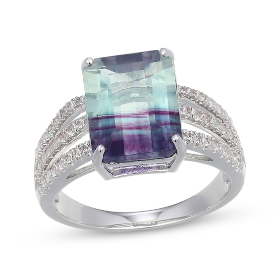 Emerald-Cut Natural Fluorite & White Lab-Created Sapphire Ring Sterling Silver