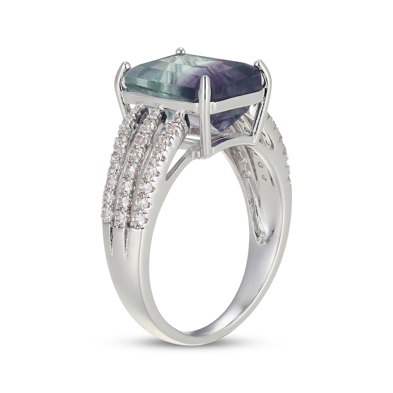 Main Image 2 of Emerald-Cut Natural Fluorite & White Lab-Created Sapphire Ring Sterling Silver