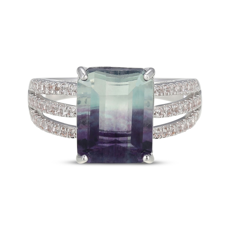 Main Image 3 of Emerald-Cut Natural Fluorite & White Lab-Created Sapphire Ring Sterling Silver