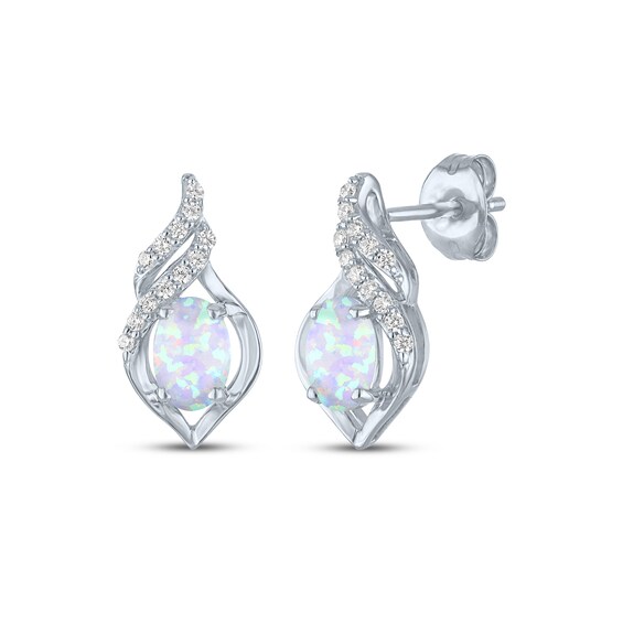 Oval-Cut Lab-Created Opal & White Lab-Created Sapphire Frame Stud Earrings Sterling Silver