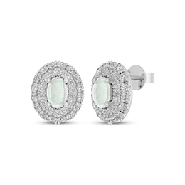 Oval-Cut Lab-Created Opal & White Lab-Created Sapphire Double Halo Stud Earrings Sterling Silver