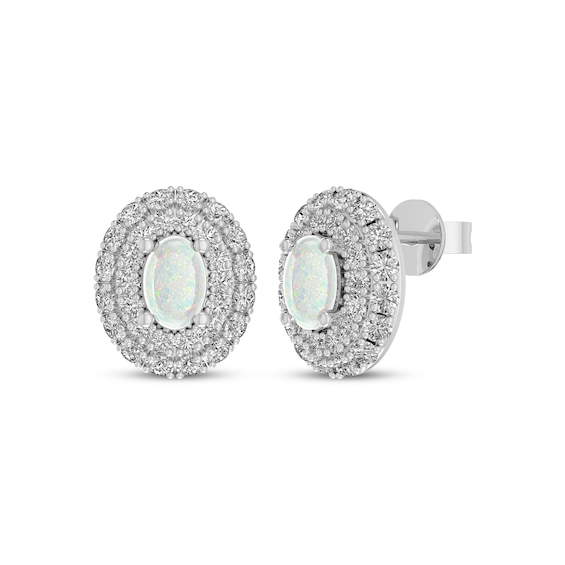 Oval-Cut Lab-Created Opal & White Lab-Created Sapphire Double Halo Stud Earrings Sterling Silver