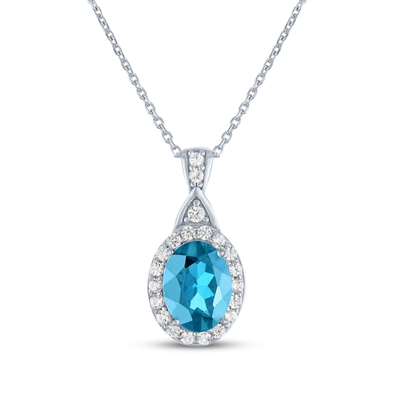 Oval-Cut Swiss Blue Topaz & White Lab-Created Sapphire Halo Necklace Sterling Silver 16.27"