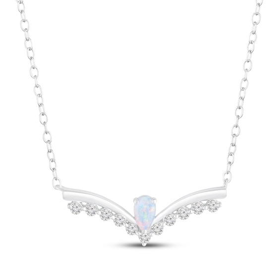 Pear-Shaped Lab-Created Opal & White Lab-Created Sapphire Chevron Bar Necklace Sterling Silver 18"