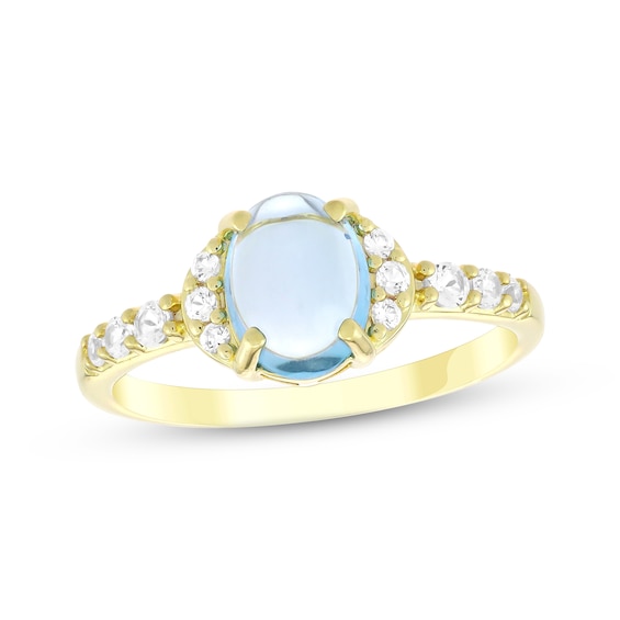 Oval Cabochon Natural Swiss Blue Topaz & White Lab-Created Sapphire Ring 18K Yellow Gold-Plated Sterling Silver