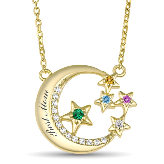 Celestial Moon and Star Birthstone Necklace (5 Stones and 1 Line)