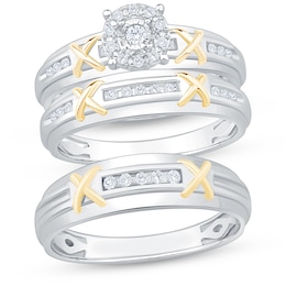 Adore His & Hers Round-Cut Diamond Halo "X" Three-Piece Bridal Set 1/5 ct tw 10K Two-Tone Gold