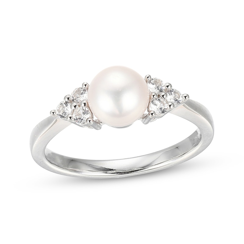 Main Image 1 of Cultured Pearl & White Lab-Created Sapphire Ring Sterling Silver