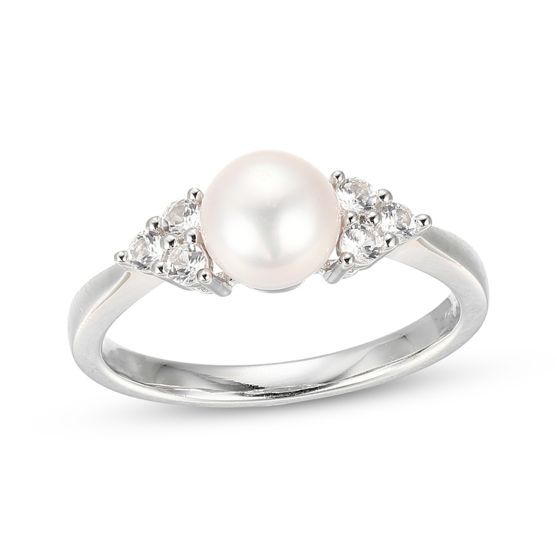 Cultured Pearl & White Lab-Created Sapphire Ring Sterling Silver