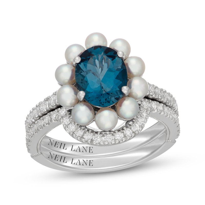 Main Image 1 of Neil Lane Oval-Cut London Blue Topaz, Diamond & Akoya Cultured Pearl Bridal Set 1/2 ct tw 14K White Gold