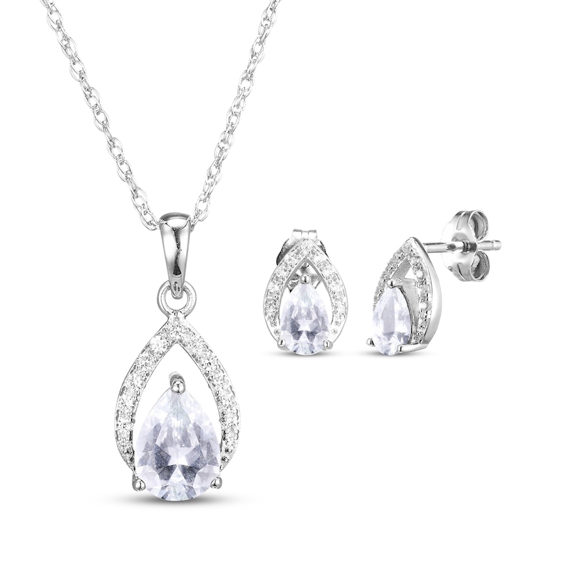 Main Image 1 of Pear-Shaped White Lab-Created Sapphire Necklace & Drop Earrings Gift Set Sterling Silver