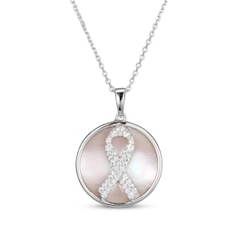 Pink Mother-of-Pearl & White Lab-Created Sapphire Ribbon Necklace Sterling Silver 18"