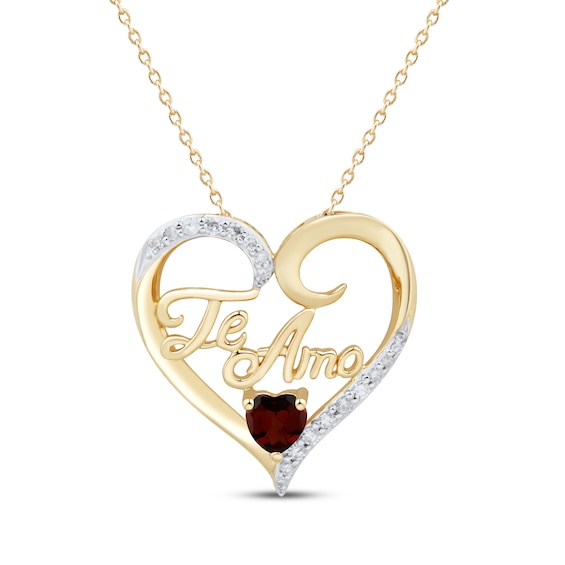 Garnet & Diamond "Te Amo" Heart Necklace 1/10 ct tw 14K Yellow Gold 18"