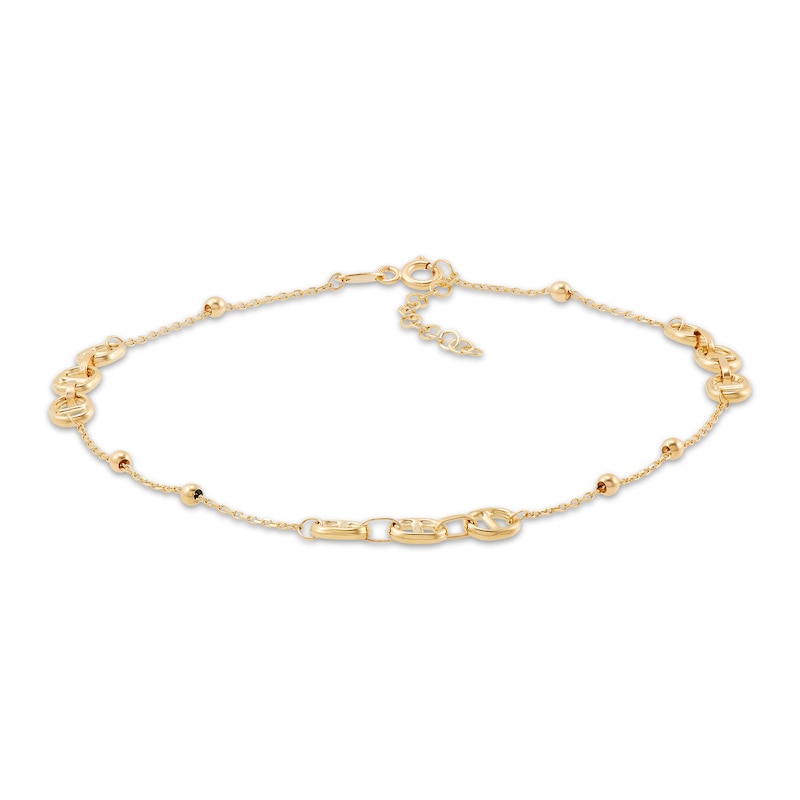 Main Image 1 of Mariner Link & Bead Station Anklet Hollow 10K Yellow Gold 10"