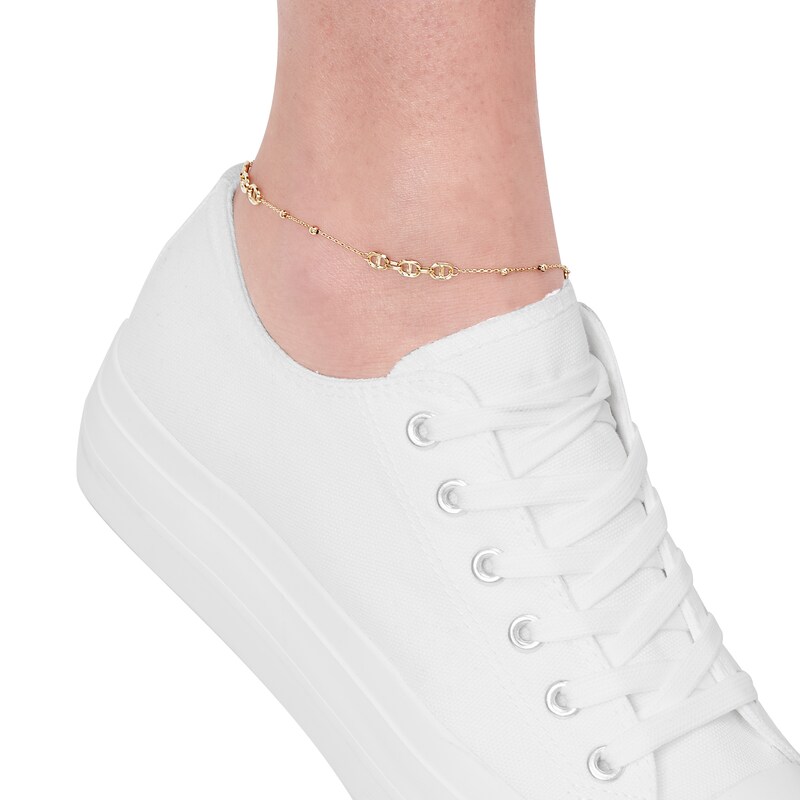 Main Image 4 of Mariner Link & Bead Station Anklet Hollow 10K Yellow Gold 10"