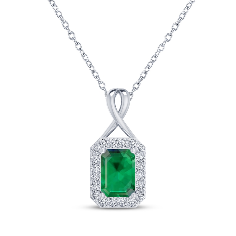 Main Image 1 of Octagon-Cut Lab-Created Emerald & White Lab-Created Sapphire Necklace Sterling Silver 18"