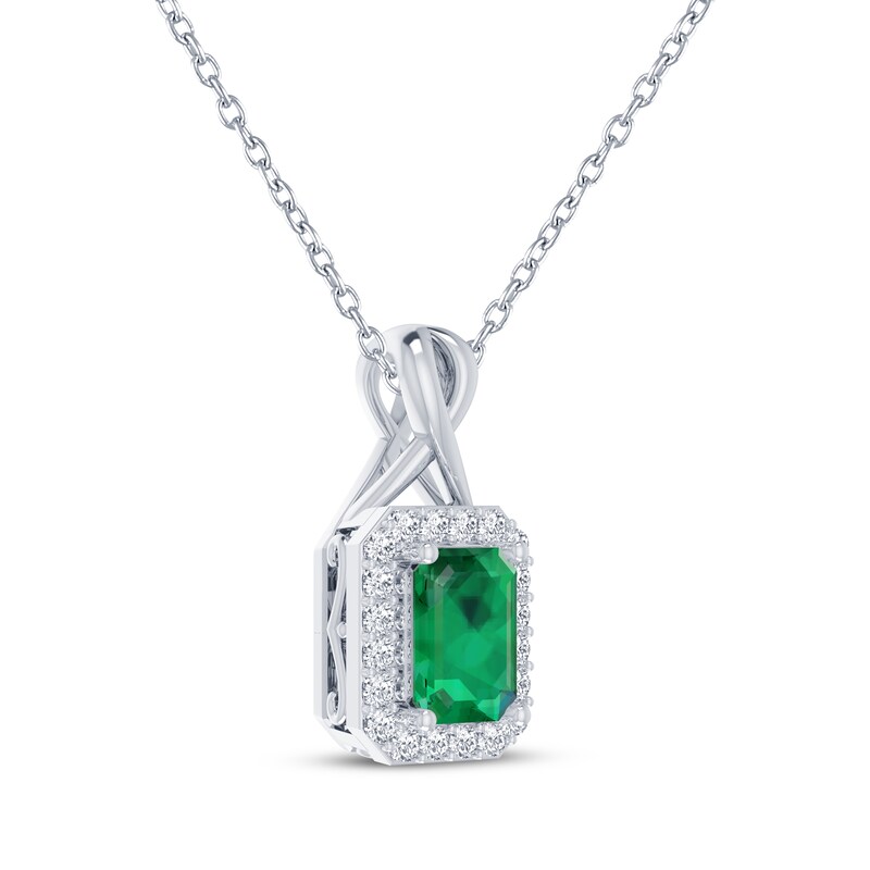 Main Image 2 of Octagon-Cut Lab-Created Emerald & White Lab-Created Sapphire Necklace Sterling Silver 18"